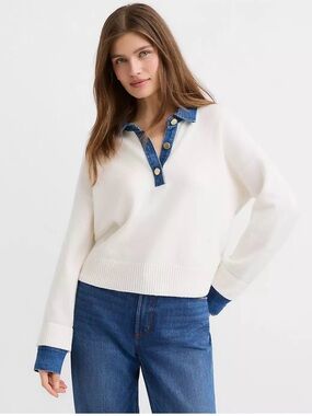 LOFT White V-Neck Sweater with Blue Denim Trim